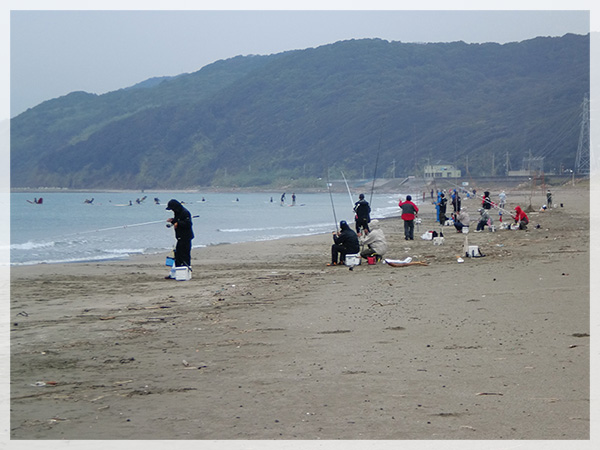 浜の左手から撮影した写真（波が立つ＝カケアガリがある１ヶ所にサーファーが集まっています。私は誰もいない、もっと右手で釣りをしました。）
 