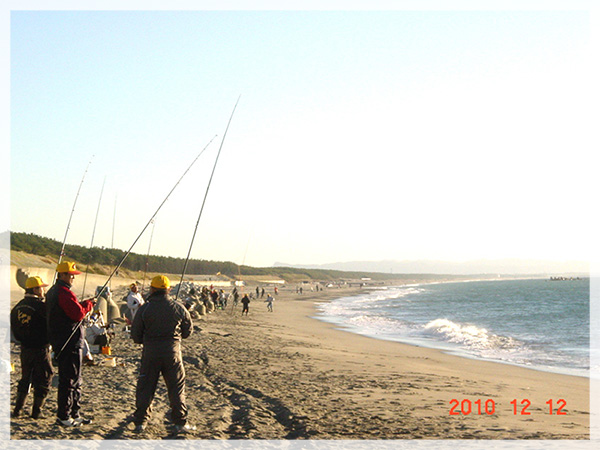 平松海岸防波堤前に並ぶキス釣りファン
