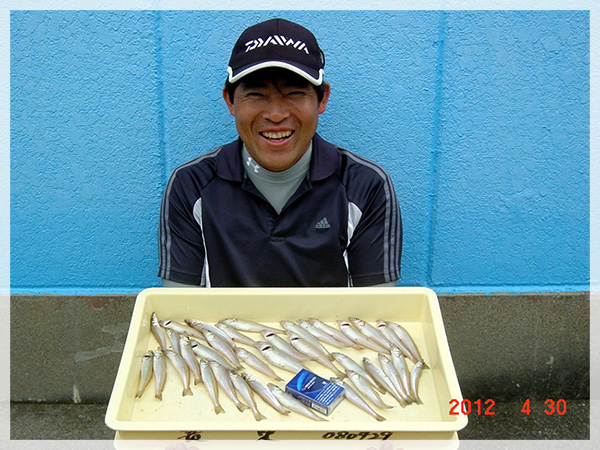 2012年4月30日　山田様が篠原海岸にて釣り上げた、キス35匹（19.5～12cm）。