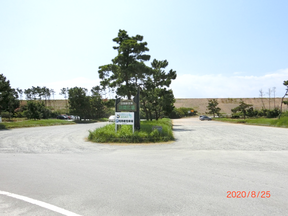 中田島海岸の駐車スペースは100台以上です。「白羽保全林・林間広場」の看板があります。