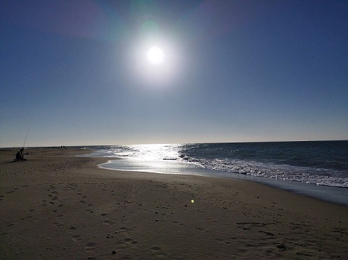 篠原海岸朝の風景、波は穏やかだけど、西の強風が吹いてます。（2022年11月27日）